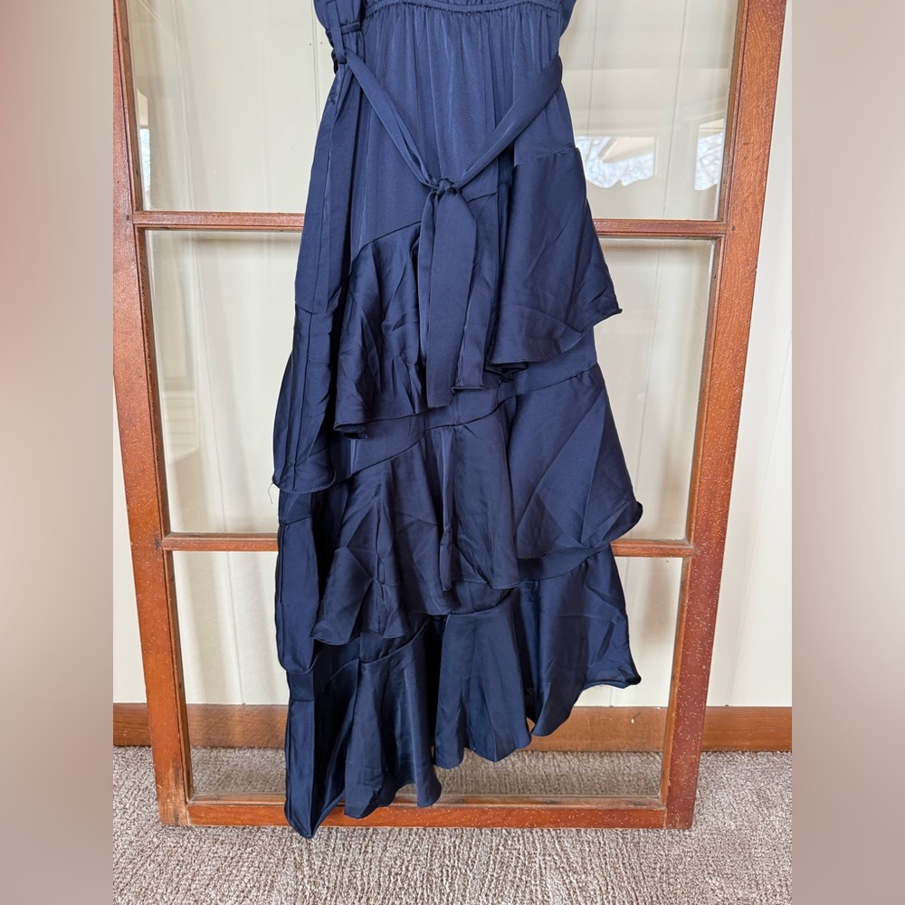 Petal & Pup Seychelle Navy Satin Asymmetrical Hem Tiered Ruffle Midi Dress - 6 - Picture 7 of 11